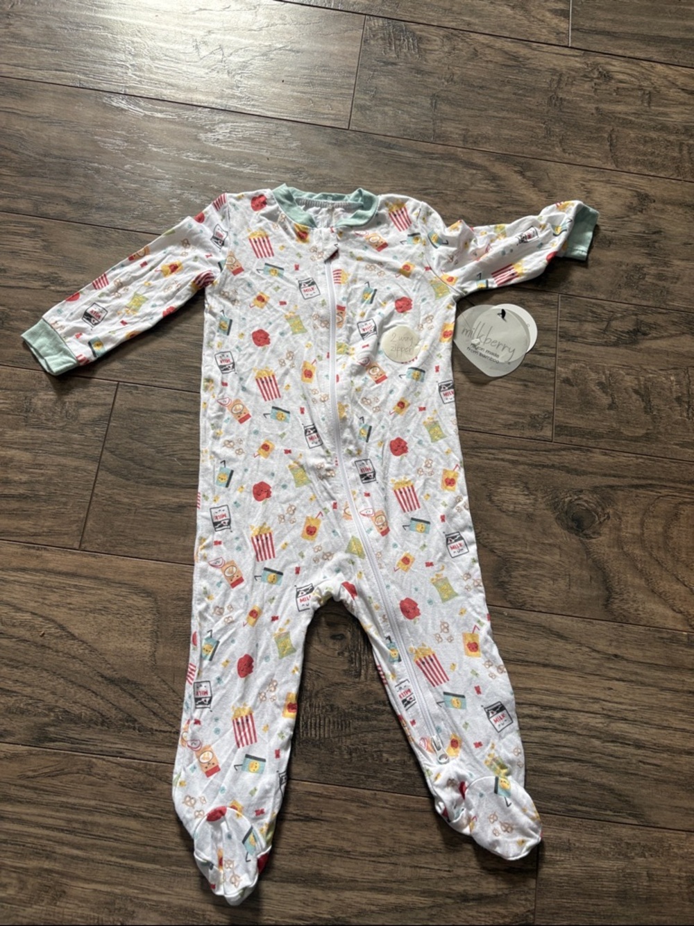 White Popcorn & Snack Print Footed One-Piece with Mint Trim